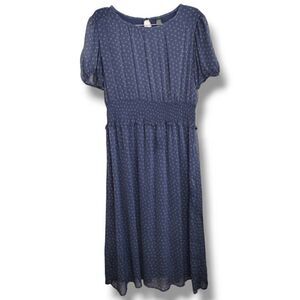 Wild Fable Womens Dress Sz Large Midi Navy Chiffon Elastic‎ Waist Puff Sleeves